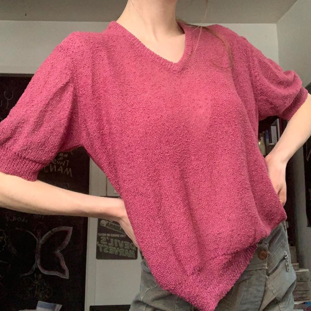 Vintage Dusty Rose Pink Short Sleeve V-Neck Knit Sweater